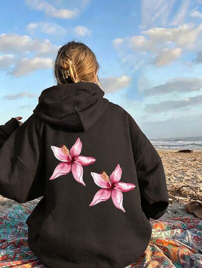 Women's Plus Size Thin Hooded Sweatshirt Long Sleeve Floral Print Casual Plus Size Fashion Hooded Sweatshirt, Comfortable Women's Autumn/Winter Daily Wear Clothing, Suitable For Daily Outings, Parties, School, Music Festivals, Vacations And Commuting. Can Be Given As A Gift To Family, Boyfriend, Girlfriend, Friends, Ideal Clothing For Girls In Autumn/Winter.