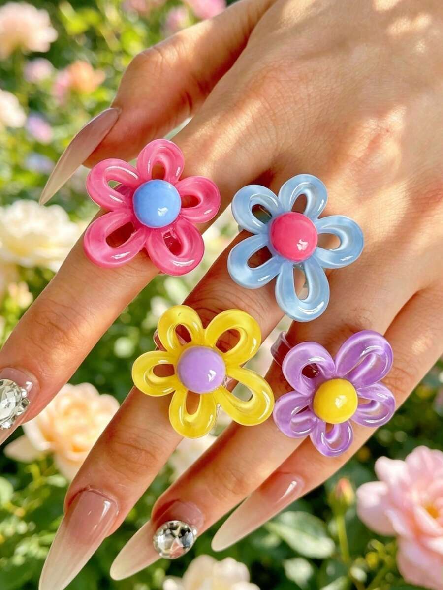 Juego de 4 piezas/Set de anillos de resina con diseño único, elegante, exquisito, divertido y colorido con flores, para uso diario, vacaciones y joyería de fiesta - Multicolor - Ver 1