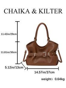 CHAIKA & KILTER 1pc Solid Color PU Fabric Tote Bag, Women's Vintage Fashion Shoulder Tote Bag, Dual Handle Design, Zipper Closure, Strap Decoration, Suitable For Daily And Street Use - Brown - View 3