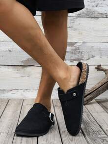 Men's New Retro Mule Loafers, Casual Slip-On Flat Half-Toe Slides With Adjustable Buckle, Available In Fleece-Lined Autumn/Winter And Non-Fleece All-Season Styles - Black Velvet - View 3