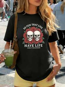 Camiseta de mujer con estampado de calavera y rosa, informal, de algodón suave, estilo hip-hop urbano, cómoda, resistente, con estampado gráfico único. - Negro - Ver 1