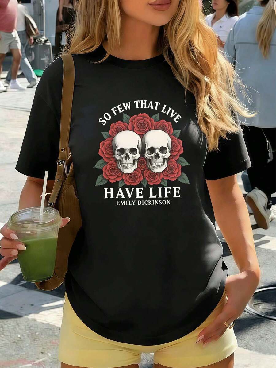 Camiseta de mujer con estampado de calavera y rosa, informal, de algodón suave, estilo hip-hop urbano, cómoda, resistente, con estampado gráfico único. - Negro - Ver 1