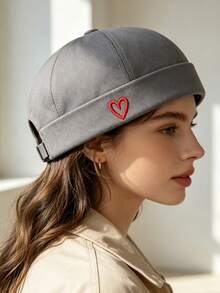 Embroidered Heart Brimless Newsboy Cap, Korean Style INS Influencer Streetwear Hip Hop Melon Cap - Watermelon Hat - View 7