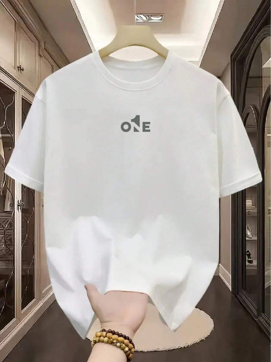 Men's Short-Sleeved T-Shirt, 100% Cotton, Printed With The Letter 1NE, Comfortable, Breathable, Relaxed Fit, High-Quality Construction With Triple Stitching, Casual And Modern T-Shirt - 白色 - 查看 1
