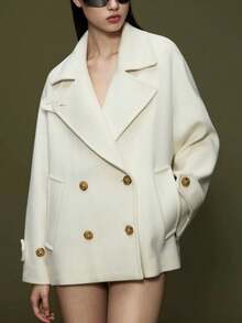 Solid Color Elegant Overcoat With Lapel And Double-Breasted Buttons, Sophisticated Wool Jacket For Commuting - Beige - View 5