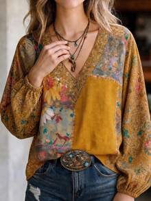 Plus Size Women's Bohemian Print Long Sleeve Patchwork Blouse, Fashionable V-Neck Regular Fit Yellow Vacation - Yellow - View 3