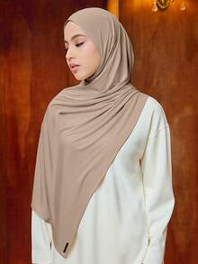 1Pc Instant Knit Hijab For Women - Soft Stretchy Solid Color Muslim Shawl, Breathable Islamic Headscarf, For Daily Prayer & Casual Outfits - Khaki - View 3
