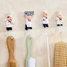 Cartoon 3D Chef Adhesive Hook, No-Drill Strong Wall Mount Hook, Creative Retro Resin Decorative Hook, Universal For Kitchen, Bathroom, Door, Wall, Storage For Cookware, Towels, Keys, Western Restaurant Home Fun Wall Organizer Small Hook - Multicolor - View 6