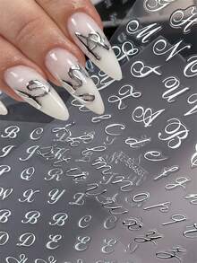 6pcs Mixed 3D Bronzing Silvery English Letters Nail Art Stickers Metallic Silvery Gothic Alphabet Artistic Letter Nail Decal Self-Adhesive Retro Silvery Letter Manicure Slider - Silver - View 7