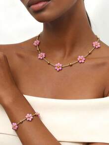 2pcs Stainless Steel Pink Flower Necklace & Bracelet Set, Ideal Gift For Women, Mother's Day, Birthday, Party, Wedding, Vacation, Back To School - Multicolor - View 1