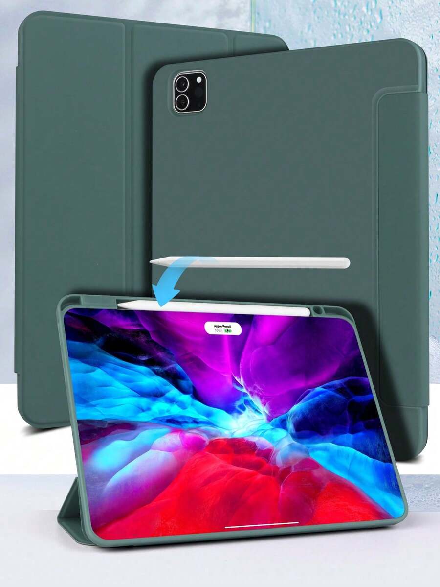 1件純色右側筆槽三折平板保護殼 深綠色，適用於 iPad Mini6/Mini7/Air/Air2/9.7/10.2/10.5/Air4/Air5/10.9/Pro 11 吋/10代/Air 11-In.(M2)-2024/Pro11-In.(M4)-2024/Air 11-Inch (M3) 2025/(A16) 11 吋 11代 2025/Air 8(M4)2026(11-Inch)/12.9/Air13/Pro13/Air 8(M4)2026(13-Inch) 型號 三折支架