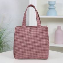 Nueva llegada, tela gruesa con patrón a cuadros, bolso de mano exquisito, bolso tote para el trabajo, bolso de moda con cremallera semicerrada, adecuado para la escuela, el trabajo, las compras, el camping, el uso diario, bolso de mano. Temporada de regreso a la escuela, vintage, minimalista, bolsa para el almuerzo, bolsa de almacenamiento para caja bento, bolsa para el almuerzo, bolsa de compras, bolsa de utilidad - Rojo - Ver 5