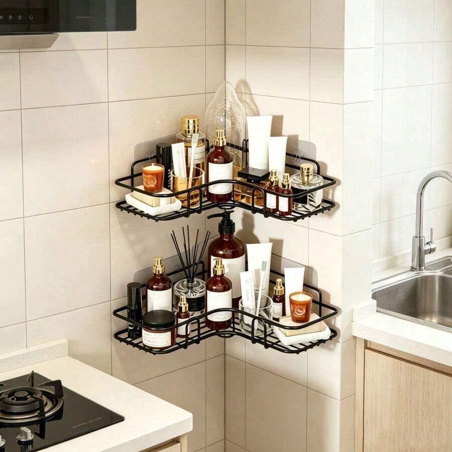 1pc Black Triangle Multifunctional Self-Adhesive Wall-Mounted Corner Storage Rack, Bathroom Storage, Kitchen Storage, Cosmetic Holder