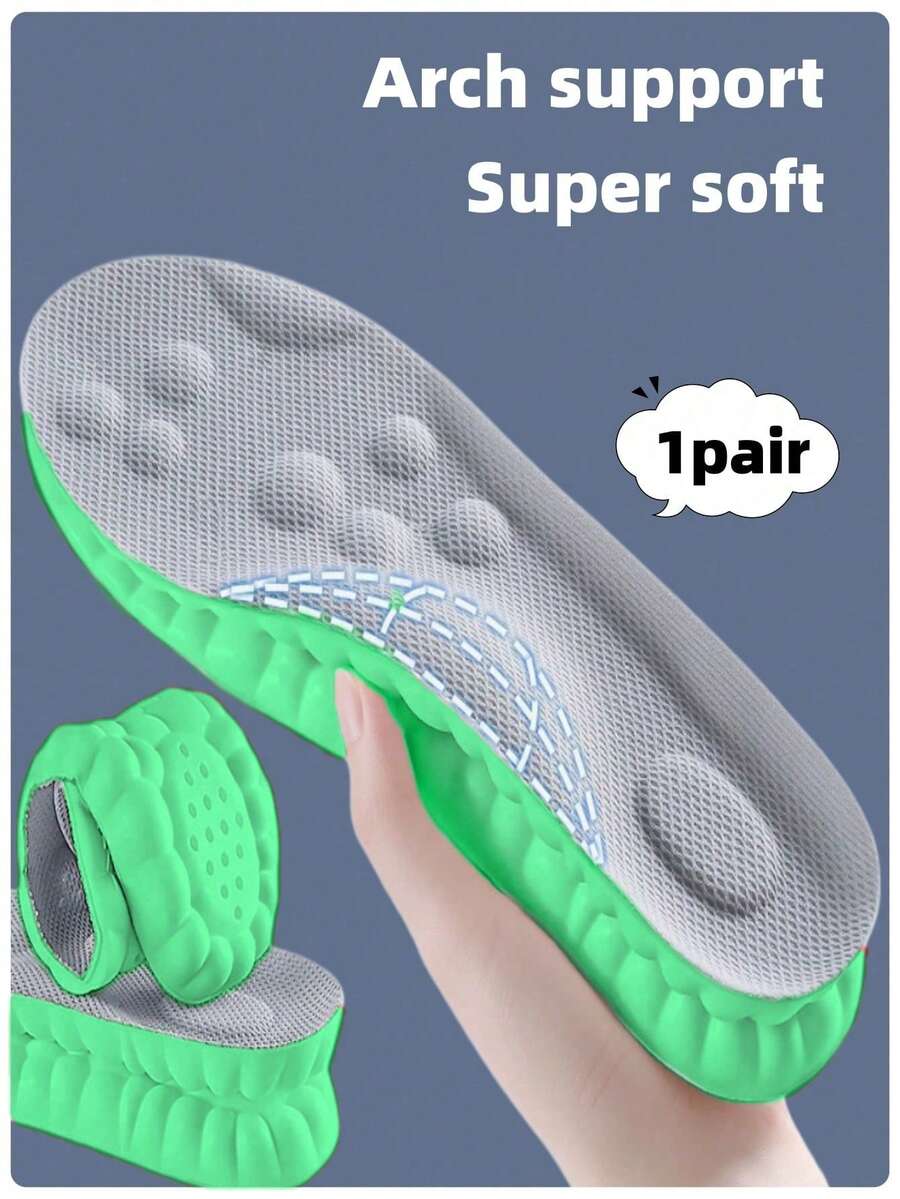 4D Latex Sports Shoe Insoles, Soft & High Elasticity, Breathable, Running & Basketball Shoe Arch Support Pads, Unisex, 1 Pair - Green Background With Gray Surface - View 1