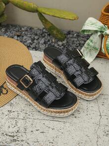 Women's Summer New Wedge Heel Thick Sole Open Toe Beach Sandals Black Crocodile Pattern Roman Style Hollow Wide Strap Metal Buckle Slip-On Slouchy Shoes European American Vintage Bohemian Vacation Style Comfortable Non-Tiring Soft Sole Shock-Absorbing Plus Size Casual Versatile Lightweight Stable Non-Slip Wear-Resistant Skin-Flattering Platform Shoes Wood Grain Heel Woven Edge Fashion Street Personality Slip-On - Black Crocodile Pattern - View 6