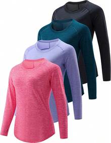 Paquete de 4 camisetas de manga larga para mujer con agujeros para el pulgar, camisetas de entrenamiento atléticas de ajuste seco con cuello redondo - a/Verde Menta/Melocotón Suave/Amarillo Mantequilla - Ver 9