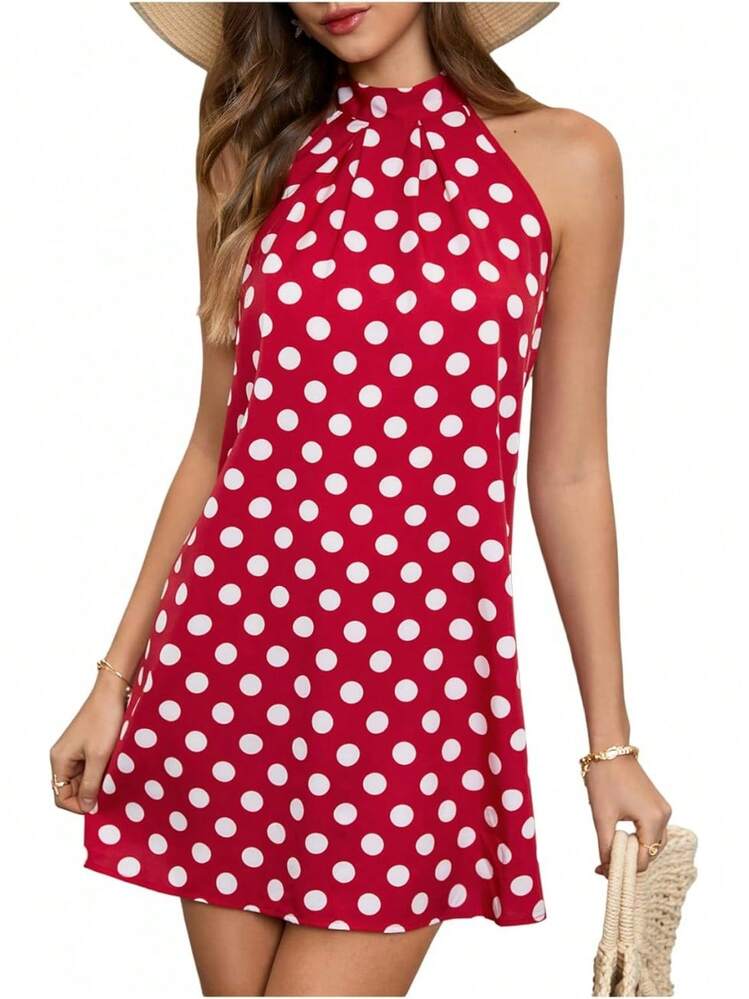 - Vestido corto sin mangas con estampado floral para mujer, cuello halter, línea A - Rojo y beige - Añade 29