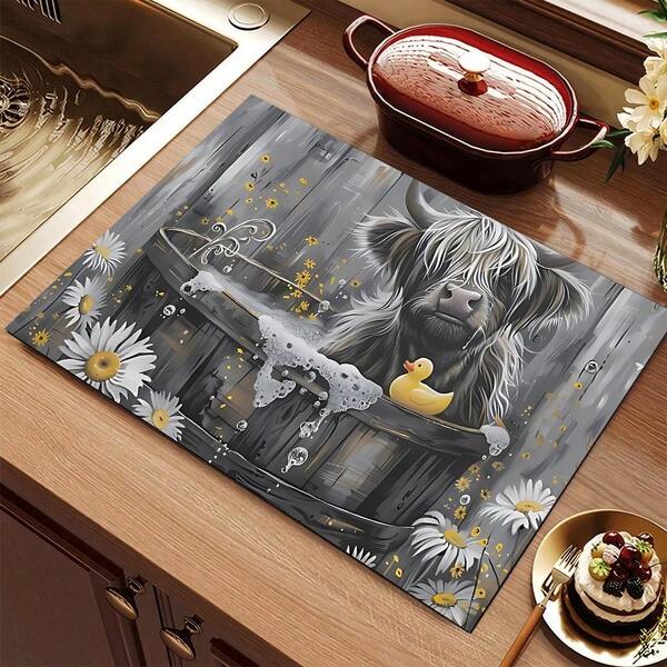 1pc Vintage Wood Grain Highland Cow & Floral Theme Kitchen Counter Mat, Diatomaceous Earth Material, Highly Absorbent, Suitable For Tableware, Coffee Machine, Microwave, Etc. Fashionable Watercolor Design, Ideal Choice For Modern Kitchen.