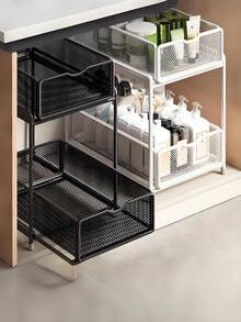 1pc Large Capacity Pull-Out Rust-Proof Coated Iron Storage Basket, Modern Pure Black Rectangular Mesh Wavy Handle 2-Tier Drawer Storage Rack, Suitable For Kitchen Cabinets, Storage Rooms, Bathroom Sink, All-Season Home Use - View 3