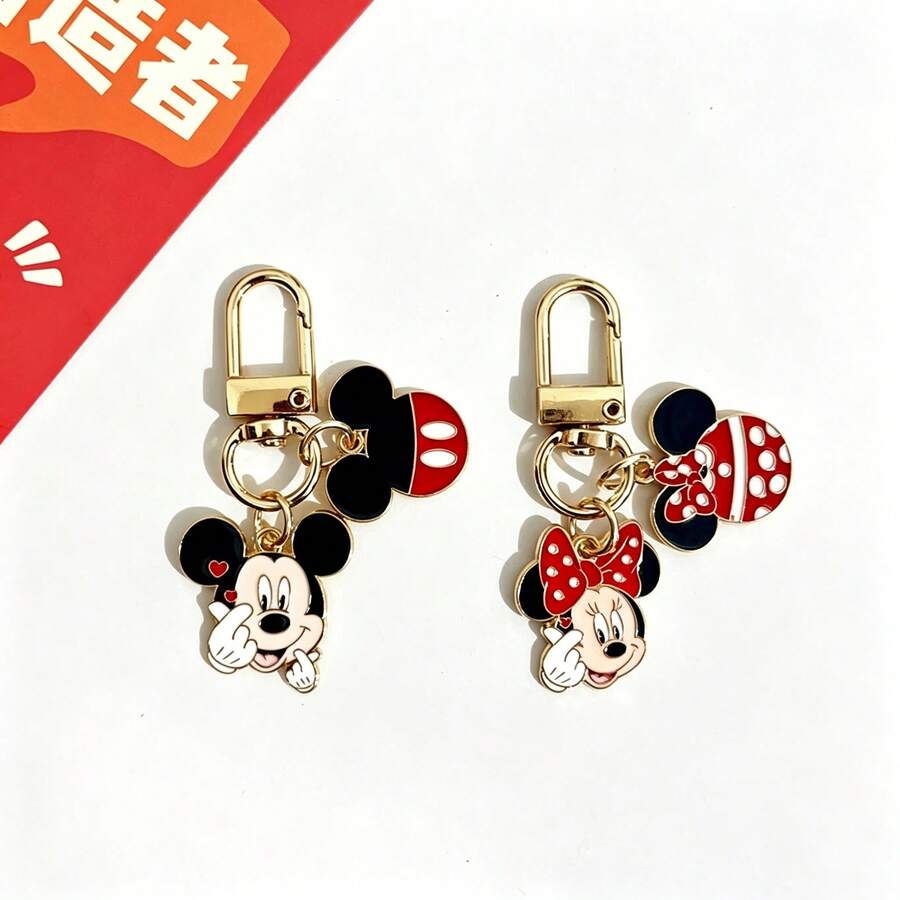 1/2pcs Disney New Cute Heart-Shaped Mickey Minnie Mouse Couple Keychain, Unisex Exquisite Metal Bag Charm Key Chain - Multiple Styles - View 1