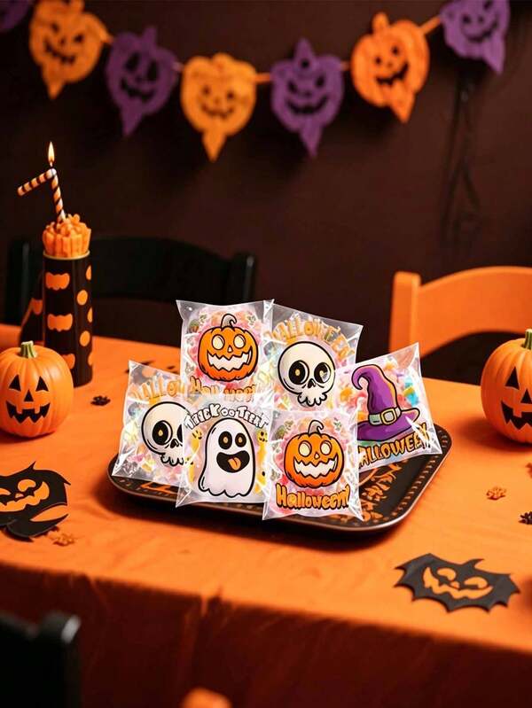 1 Set Halloween Self-Sealing Transparent Plastic Gift Bags, Suitable For Halloween Candy Packaging, With Scary Pumpkin And Skull Patterns, Self-Sealing Design, Perfect For Haunted House Party Decor And Halloween Trick-Or-Treat Party Supplies