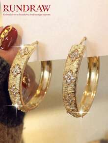 rundraw 2pcs Curved Micro-Inlaid Zirconia Hollow Geometric Luxury Fashion Copper Gold Women's Hoop Earrings, Suitable For Party, Gathering, Ball, Gift Matching - Gold - View 10