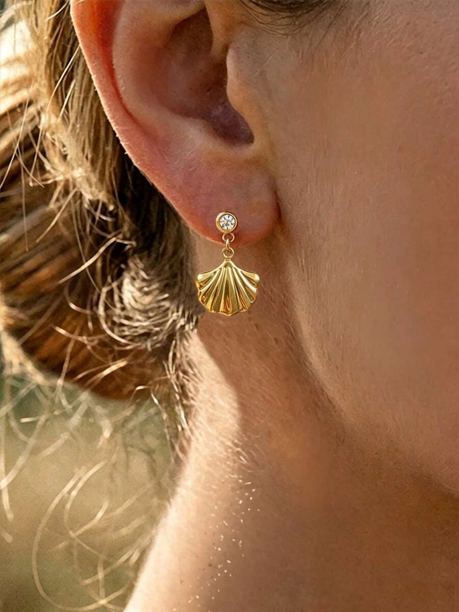 1 Pair Stainless Steel Waterproof Fade-Resistant Single Diamond Stud Shell Pendant Earrings Suitable For Women's Daily Wear - Gold - View 1