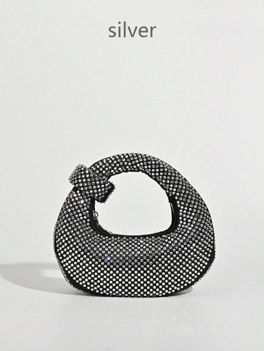 Mini Hobo Bag In A Crescent Shape, Fully Covered In Rhinestones, Integrated Circular Handle With Bow, Zipper, Various Colors, Women's Party, Wedding, Birthday Gift - Silver - View 1