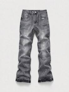 American Style Splatter Design Flared Jeans, Hip-Hop Streetwear Frayed Hem Denim Pants, All-Season Casual Commute Flared Jeans, Daily Commute Frayed Hem Flared Denim Pants For Men - Grey - View 1