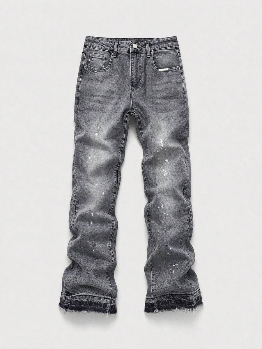 American Style Splatter Design Flared Jeans, Hip-Hop Streetwear Frayed Hem Denim Pants, All-Season Casual Commute Flared Jeans, Daily Commute Frayed Hem Flared Denim Pants For Men - Grey - View 1