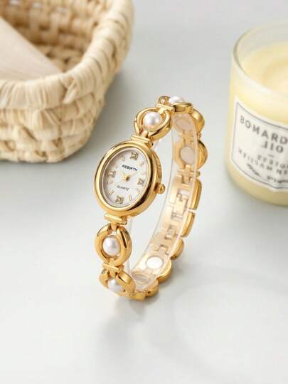 1pc Women's Pearl Vintage Luxury Bracelet Watch, Suitable For Holiday Gift, Daily Wear And Decoration