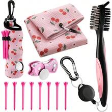 12 Pcs Accessories Kit, Include Ball Bag With Hook Towel Tees Magnetic Ball Marker Divot Cleaner Brush Women Man Gifts - Cherry + Pink - View 1