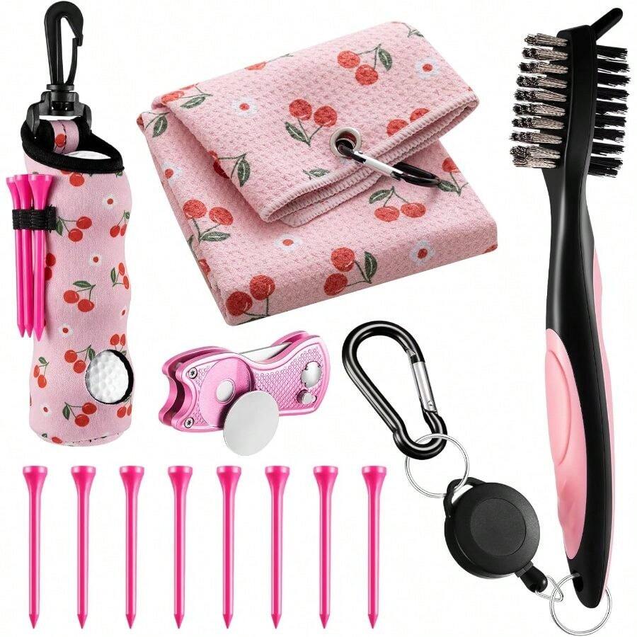 12 Pcs Accessories Kit, Include Ball Bag With Hook Towel Tees Magnetic Ball Marker Divot Cleaner Brush Women Man Gifts - Cherry + Pink - View 1