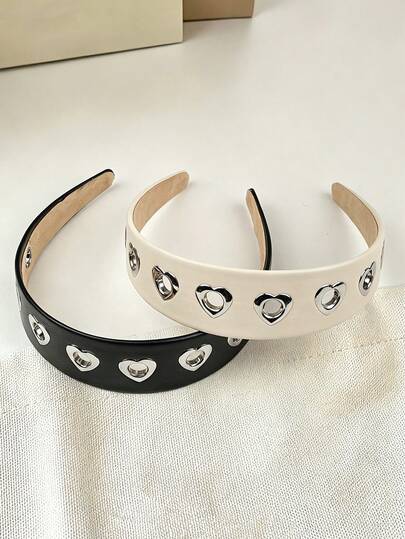 1pc Women's Elegant PU Leather Wide Band Metal Heart Stud Hollow Headband, Versatile Rock Punk Style Suitable For Daily Wear, Outings, Parties And Gatherings