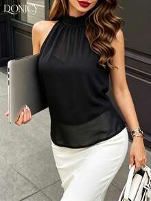 Women Elegant Summer-Halter Neck Black Blouse-Blouse Sheer Mesh Back Tie Flowy,Lightweight Breathable Chiffon Suitable For Summer Daily,Party & Beach - Black - View 6