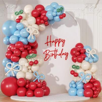 118pcs Cherry Red & Blue Balloon Garland Arch Set, 1pc Bow Light Fog Blue, Red & White Balloon Arch Set, Suitable For Cherry Theme Birthday Party, Baby Shower, Baptism, Wedding, Bridesmaid Party, Bridal Shower Decoration