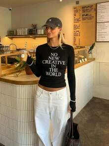 Autumn Retro Letter Print Long Sleeve Base Layer Loose Casual Versatile T-Shirt Top - Black - View 2