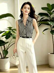 1pc Unique And Beautiful Sleeveless Striped Shirt, With French High-End Style, Perfect For Summer Wear, French Girl Style - Black - View 6