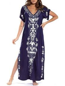 Bsubseach Vestido Largo de Playa de Manga Corta con Cuello en V Cubre Bikini para Mujer Bordado - Verde - Ver 10