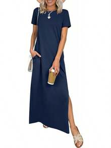 ANRABESS - Vestido largo casual de verano para mujer, manga corta, cuello redondo, dividido, sin arrugas, para viajes, playa, día festivo - Verde bosque - Ver 18