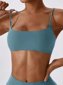 Sostén deportivo sin varillas para mujer, sólido, deportivo, transpirable y cómodo, ropa deportiva para damas para yoga y gimnasio - Azul polvoriento - Ver 6