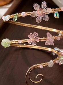 1件波希米亞風海灘花卉手臂飾品，可調節金色手臂配件，附粉色花朵與綠葉吊墜，夏季度假女性手臂珠寶 - 金黃色 - 查看 7