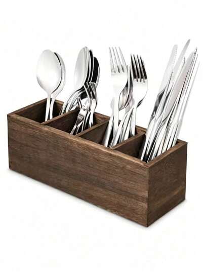 1pc Cedar Wood Tableware Storage Box, Kitchen Utensil Organizer, 4-Compartment Wooden Cutlery Holder, Dining Table Utensil Storage Box And Rack, Suitable For Napkins, Spoons, Forks, Knives And Kitchen Supplies