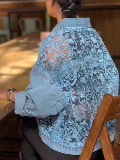 2026 New Retro European American Outerwear, Bohemian Denim Jacket Featuring Heavy-Duty Lace & Floral Embroidery, Perspective Back Design For Spring Au