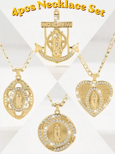 4pcs Virgin Mary Pendant Necklace, 14k Gold Plated Copper Our Lady Of Guadalupe Necklace, Fade-Resistant, 24-Inch Figaro Chain, Vintage Distressed Texture, High-End Quality, Combines Faith Meaning And Fashionable Aesthetic, Suitable For Commuting, Travel, And Holiday Gifts