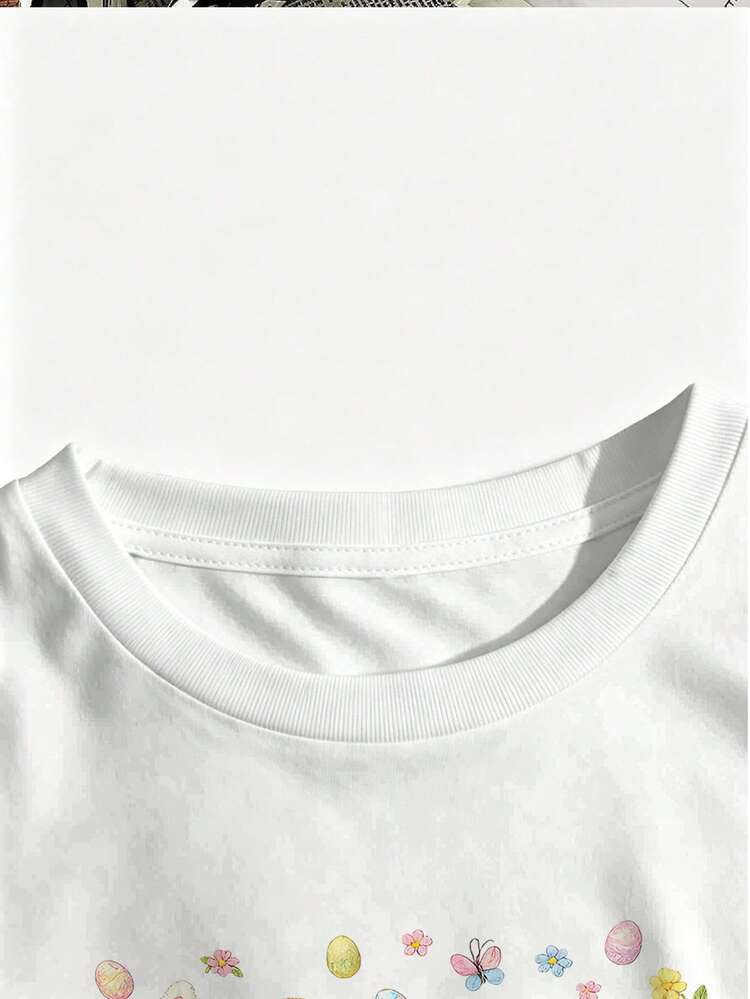 Women's T-Shirt With Cute Easter Cat Print, 100% Cotton, Round Neck, Casual Style - 白色 - 查看 3