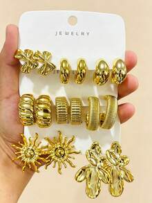 4-6-16PCS Set Anting-Anting Geometris Bunga Matahari Elegan Modis Berwarna Emas, Set Anting-Anting Fashion Wanita, Untuk Pemakaian Sehari-hari, (Bahan CCB Ringan, Tidak Pudar) - Emas - View 5