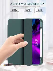 1件純色右側筆槽三折平板保護殼 深綠色，適用於 iPad Mini6/Mini7/Air/Air2/9.7/10.2/10.5/Air4/Air5/10.9/Pro 11 吋/10代/Air 11-In.(M2)-2024/Pro11-In.(M4)-2024/Air 11-Inch (M3) 2025/(A16) 11 吋 11代 2025/Air 8(M4)2026(11-Inch)/12.9/Air13/Pro13/Air 8(M4)2026(13-Inch) 型號 三折支架 - 暗夜綠 - 查看 4