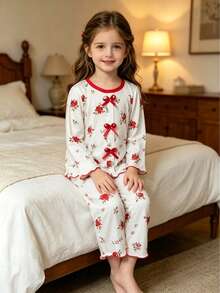 Set Piyama Lengan Panjang Anak Perempuan, Musim Semi, Gugur, dan Dingin, Motif Mawar Merah Klasik di Seluruh Permukaan, Pita Merah, Set Pakaian Santai 2 Potong - Merah - View 1