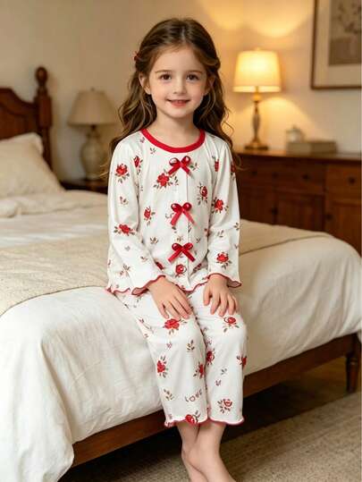 Girls Long Sleeve Pajama Set, Spring Autumn Winter, Vintage Red Rose All-Over Print, Red Bow, 2 Pieces Loungewear Set